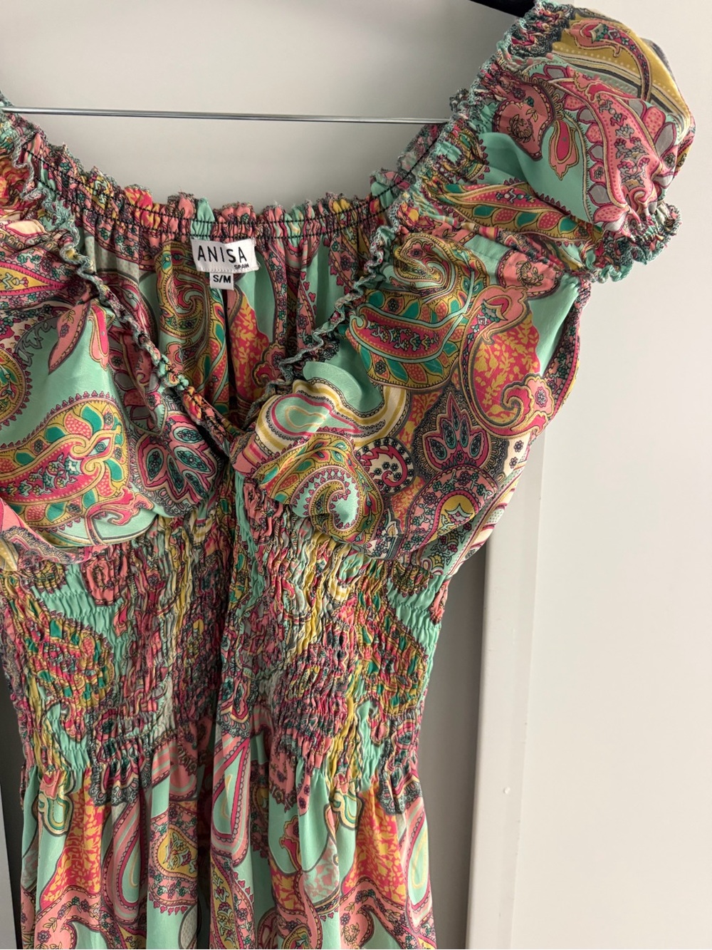 Anisa Spain Multi-Colored Green Orange Paisley Smocked Mini Dress - Size S/M - Picture 6 of 13